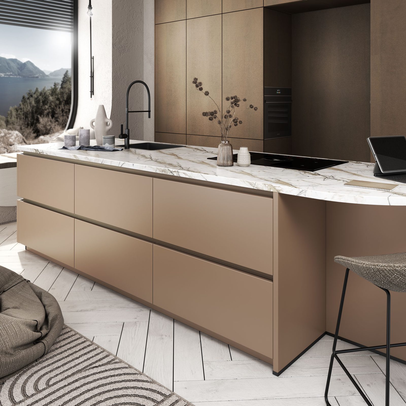 Cuisine La Moderne XL, façades taupe mates et plan en marbre clair