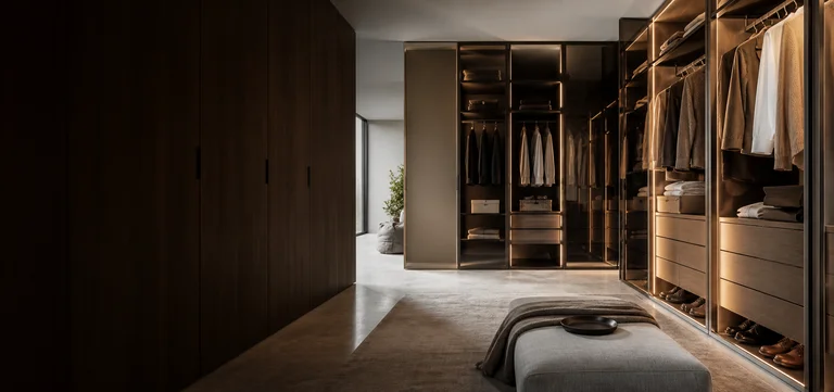 Dressing sur mesure en noyer avec penderies ouvertes, tiroirs et éclairage intégré