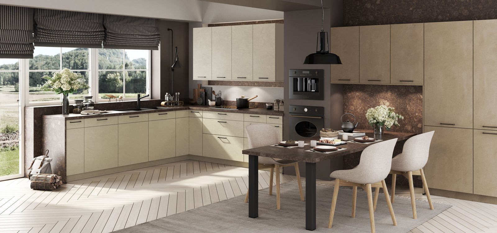 Cuisine La Classique beige, coin repas chaleureux