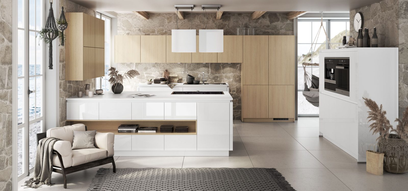 Cuisine La Moderne en bois sombre, grande baie vitrée