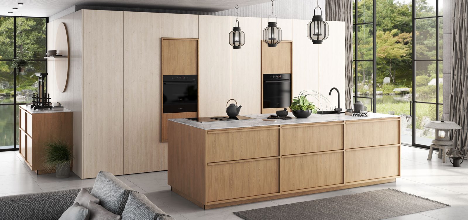 Cuisine La Moderne XL, façades beiges et îlot en bois clair
